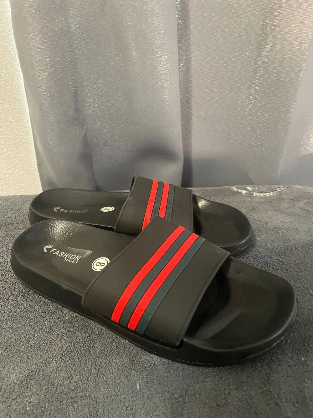 Men's Slip-On Slides with Black Base and Red Stripes NWOT